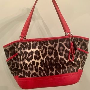 Coach Park Ocelot Leopard Print Canvas Red Leather Trim Shoulder
Tote Bag NWOT